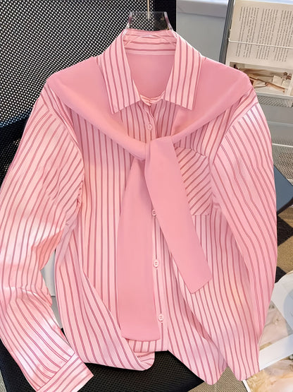 Camisa de rayas para mujer con cuello anudado en rosa