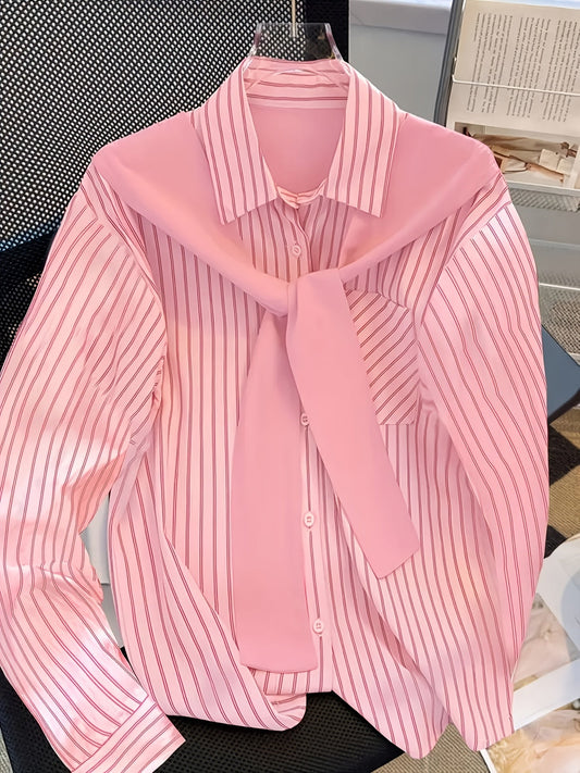 Camisa de rayas para mujer con cuello anudado en rosa