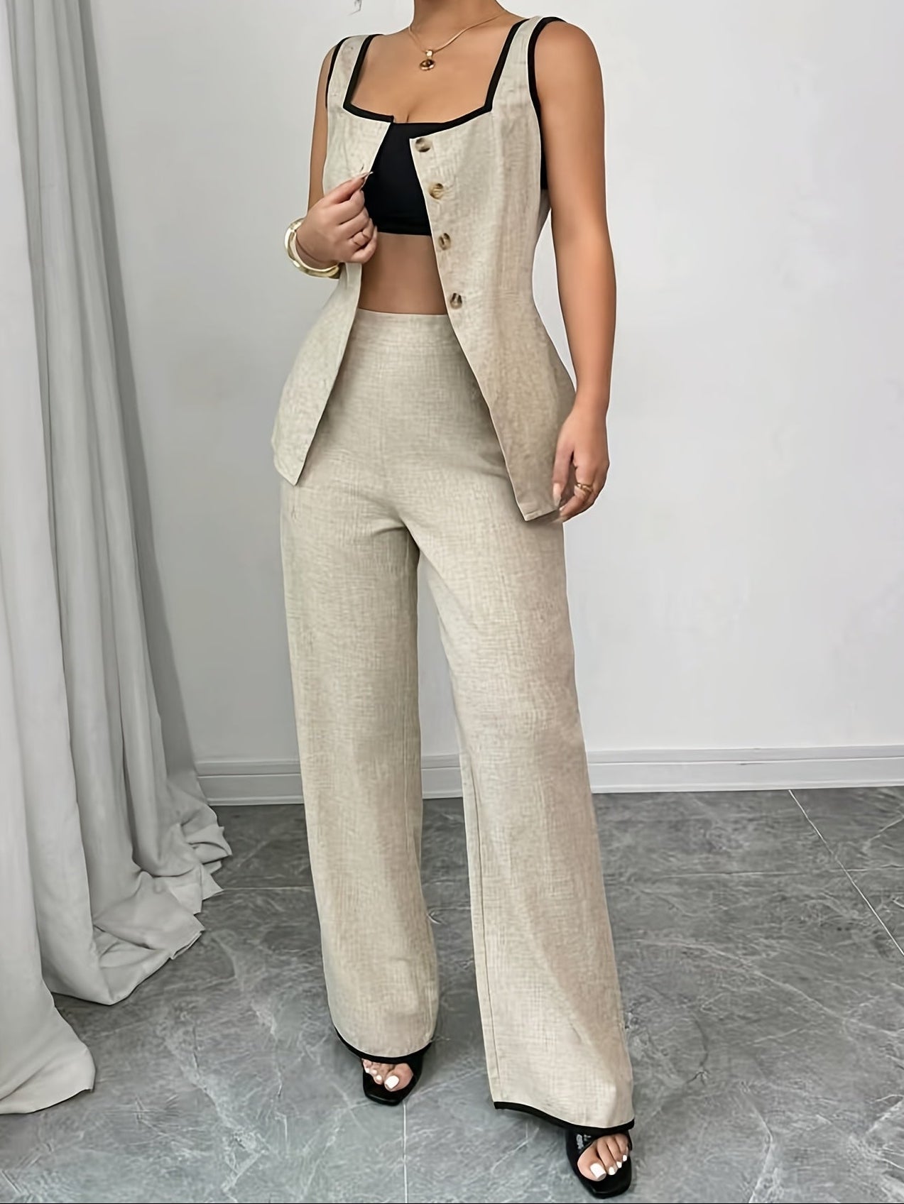 Damen Eleganter Zweiteiler Anzug mit Knopfleiste und weitem Bein – Perfekt für Büro & Alltag