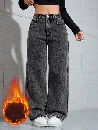 Jeans da donna, grigio scuro, dal taglio ampio, con fodera calda