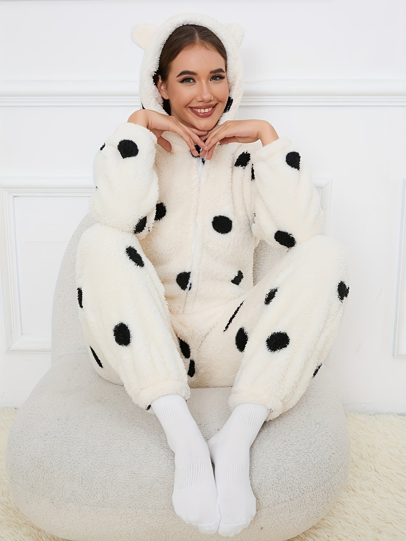 Damen Flauschiger Onesie mit Kapuze & Teddybär-Muster Rosa