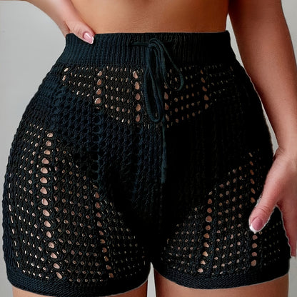 Shorts de crochet para mujer con estilo playero, cintura alta y cinturilla ajustable – Moda en malla para vacaciones, playa y piscina