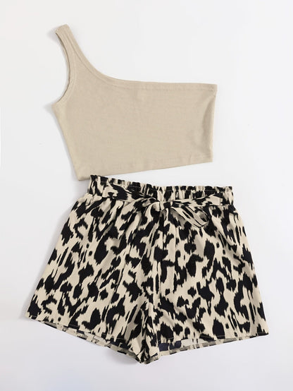 Damen Zweiteiler Set – Asymmetrisches One-Shoulder Top & High-Waist Shorts mit Animal Print, Elegant für Sommer