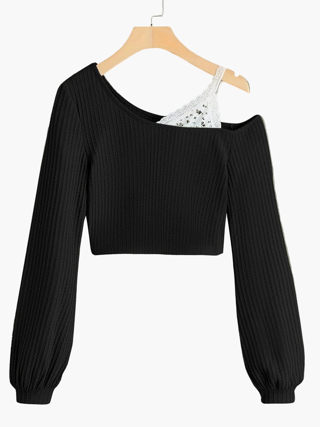 Damski modny sweter na jedno ramię z koronkowym akcentem – modny casualowy look