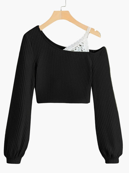 Damski modny sweter na jedno ramię z koronkowym akcentem – modny casualowy look