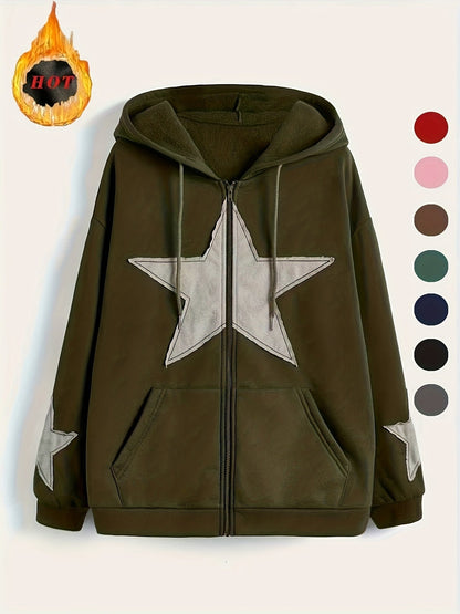Kapuzenjacke mit Reißverschluss und Sternapplikationen – Lässiger Unisex Hoodie
