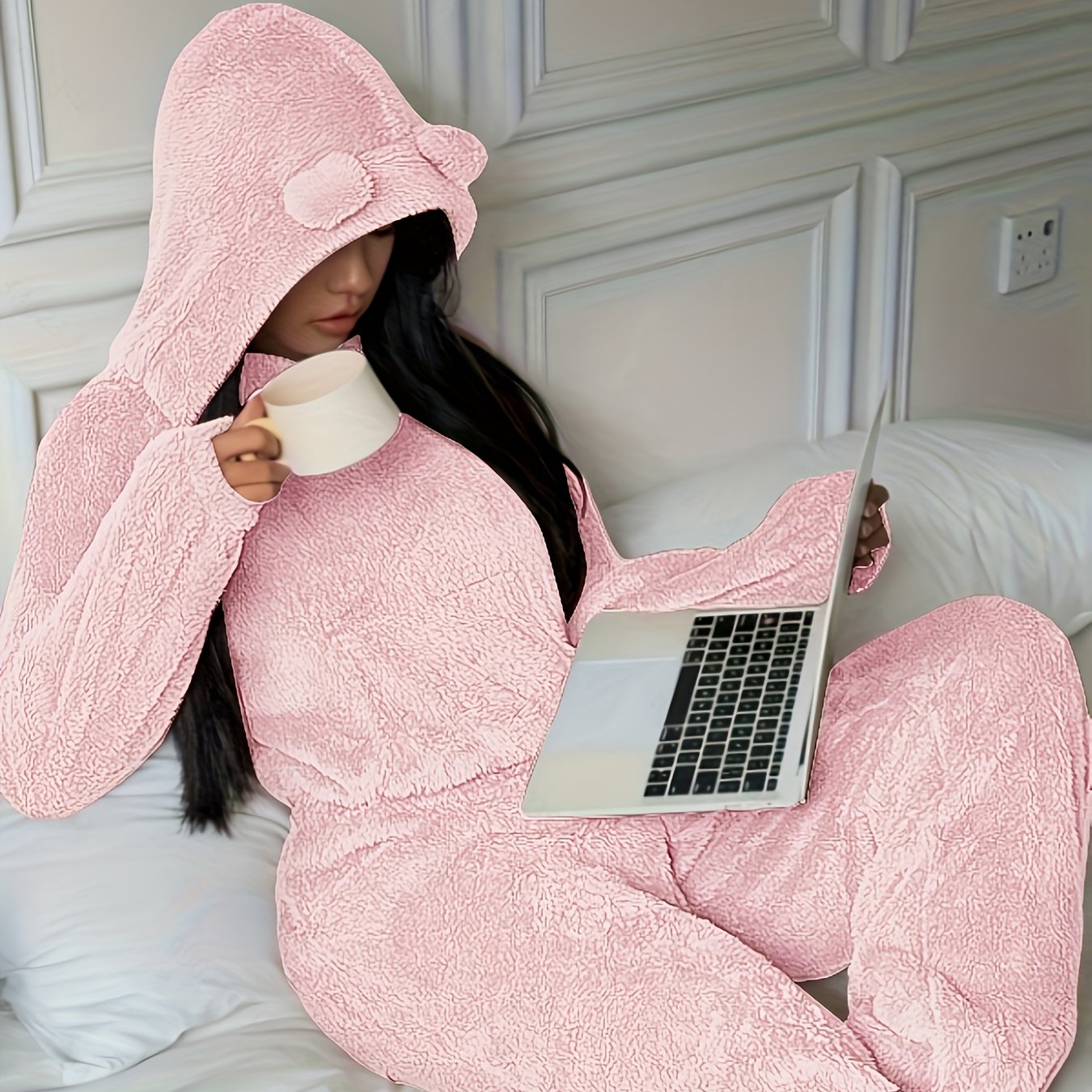 Damen Kuscheliger Fleece Pyjama Hausanzug mit Kapuze und Ohren