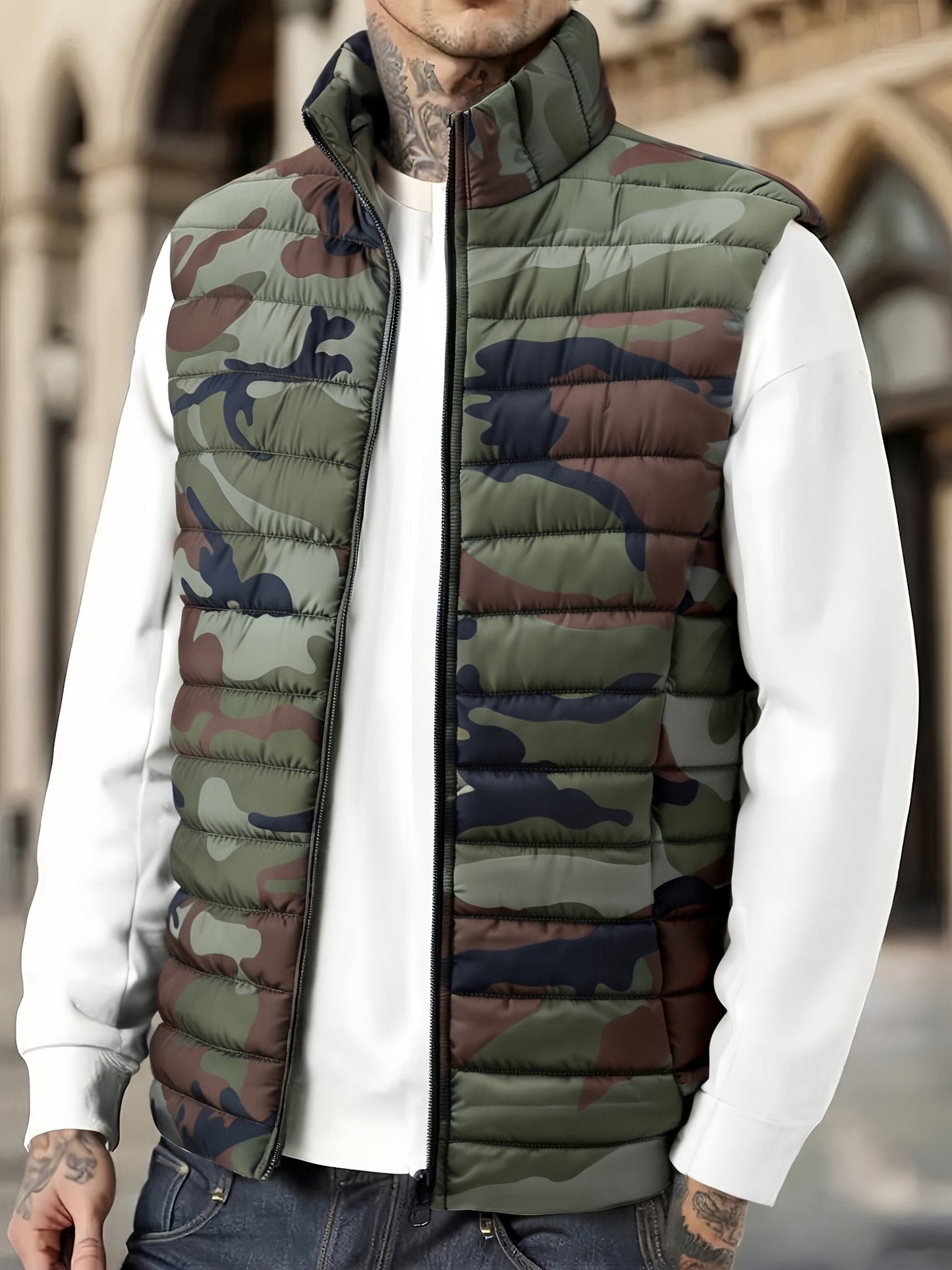 Herren Steppweste Camouflage Gemustert Stehkragen Reißverschluss