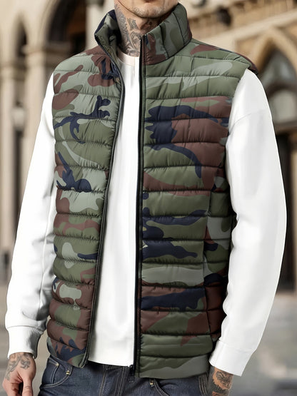 Herren Steppweste Camouflage Gemustert Stehkragen Reißverschluss