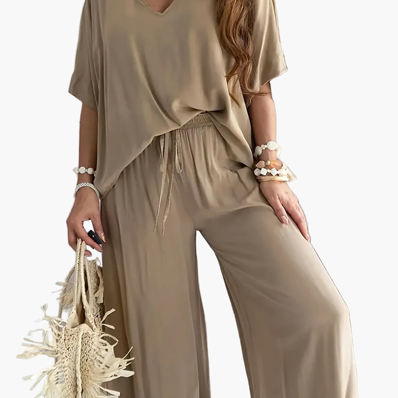 Damen Jumpsuit mit weitem Bein und V-Ausschnitt – Eleganter Freizeit Overall für Frühling und Sommer