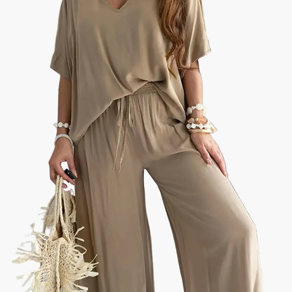 Damen Jumpsuit mit weitem Bein und V-Ausschnitt – Eleganter Freizeit Overall für Frühling und Sommer