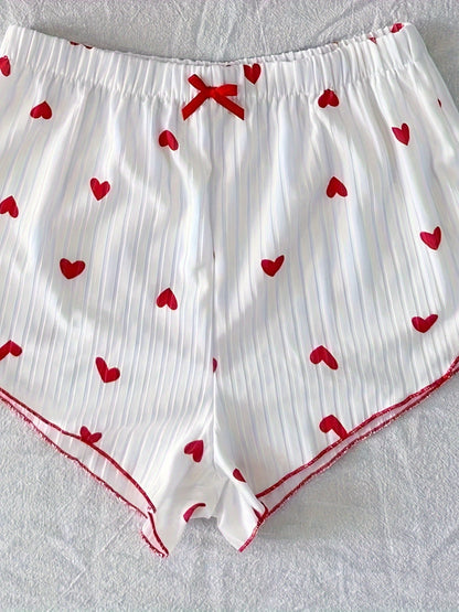 Dame pyjamasæt med hjerteprint og sløjfer – To-delt sommernatsæt, sexet stil