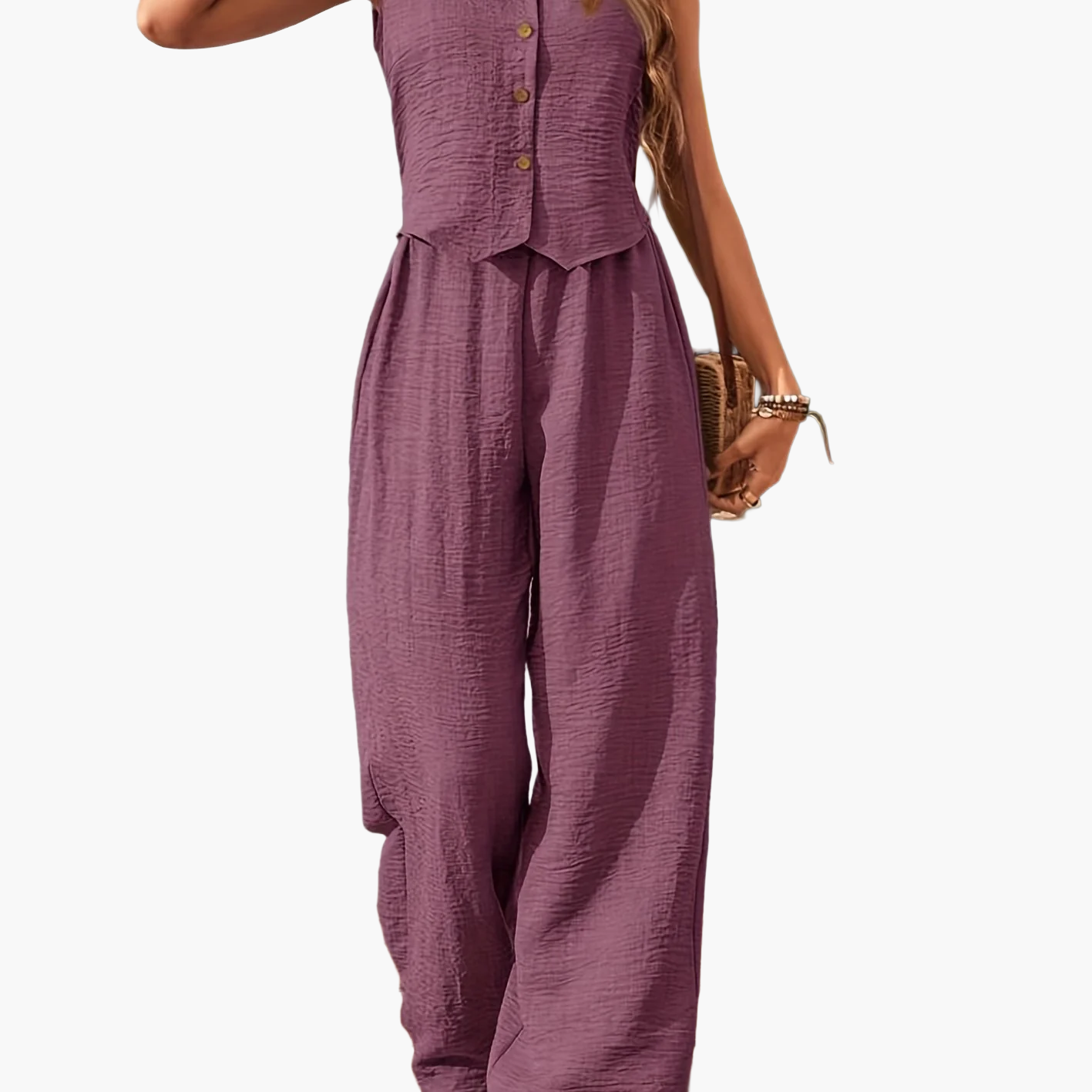 Dame Jumpsuit ærmeløs med V-udskæring og knaplukning – Moderne sommerdragt til hverdag og fritid
