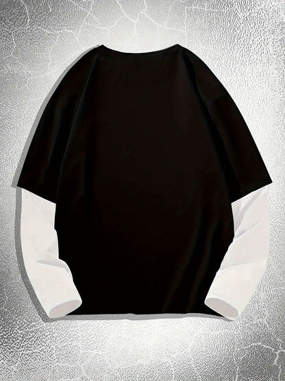 Herre-langærmet T-shirt med to-lagslook, stjerneprint og rund hals