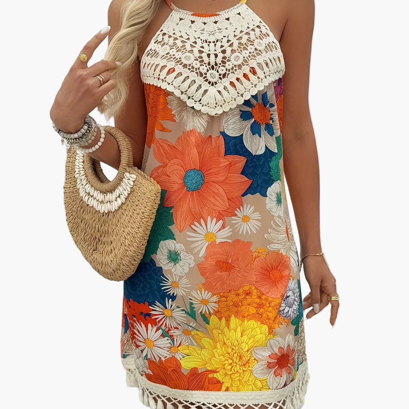 Damen Sommer Tunika Kleid im Boho-Stil mit Paisley-Print und Häkel-Details – Ideal für Strand und Freizeit