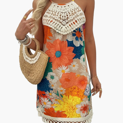 Damen Sommer Tunika Kleid im Boho-Stil mit Paisley-Print und Häkel-Details – Ideal für Strand und Freizeit