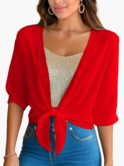 Damesblouse met strik en korte mouwen – Modieuze korte blouse voor lente & zomer