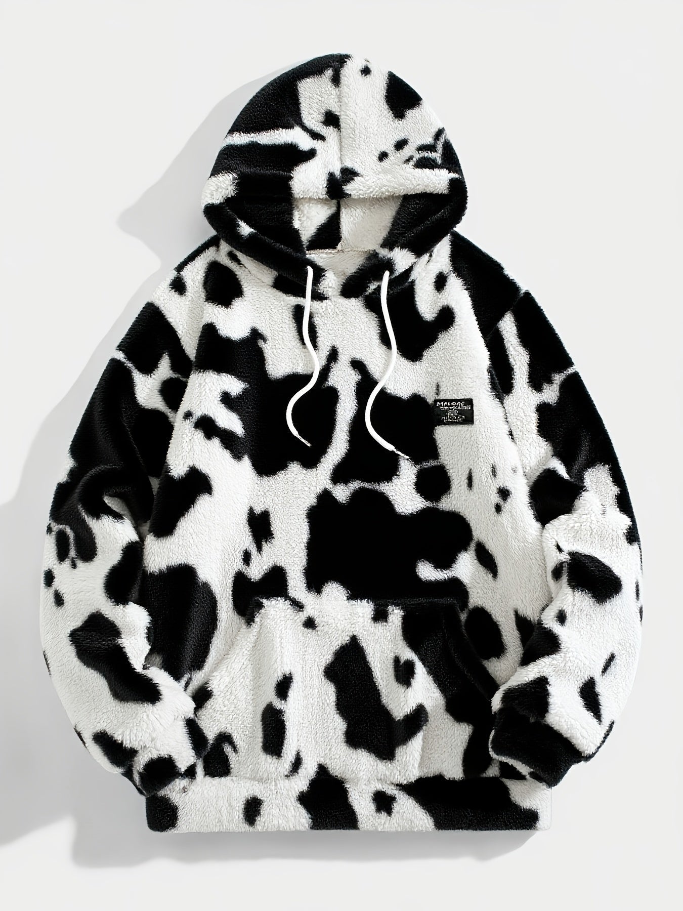 Unisex Teddy Fleece Hoodie mit Kapuze und Kuhfleckenmuster