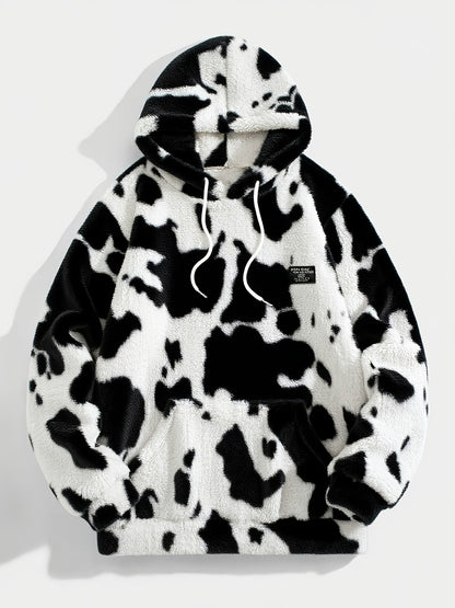 Unisex Teddy Fleece Hoodie mit Kapuze und Kuhfleckenmuster