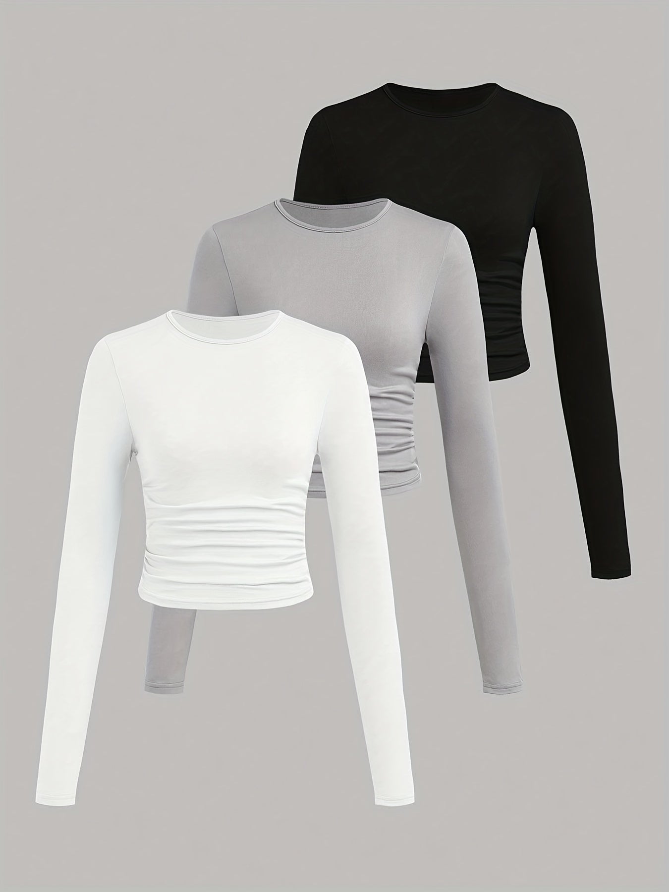 Damen Langarm Crop Top 3er-Pack mit Raffung, Rundhals