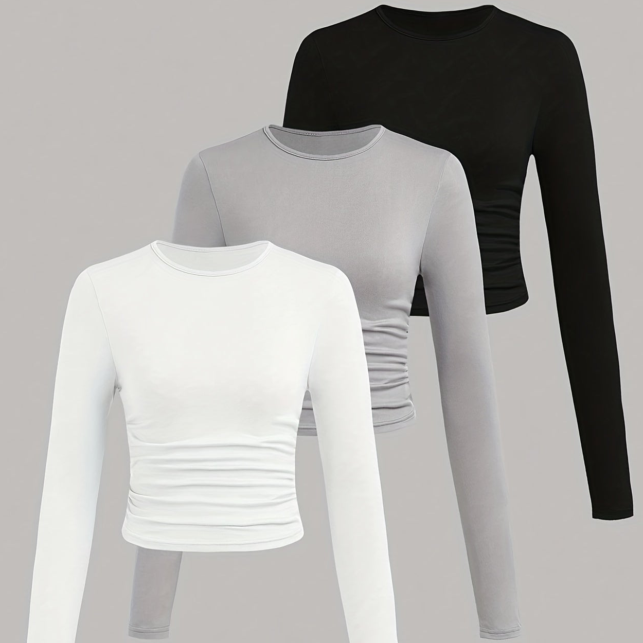 Damen Langarm Crop Top 3er-Pack mit Raffung, Rundhals