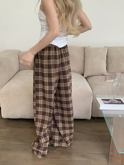 Pantaloni del pigiama da donna, marroni, a quadri, a gamba larga