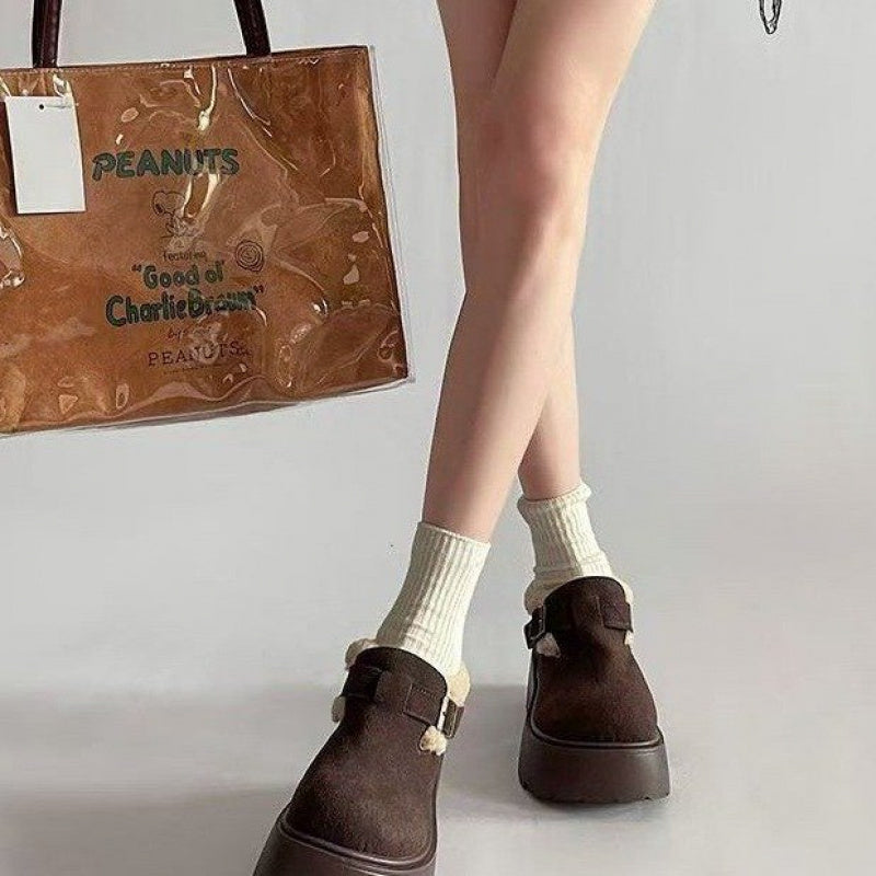 Damen Plateauschuhe Chunky mit Schnalle und Teddyfutter Braun