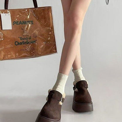 Damen Plateauschuhe Chunky mit Schnalle und Teddyfutter Braun