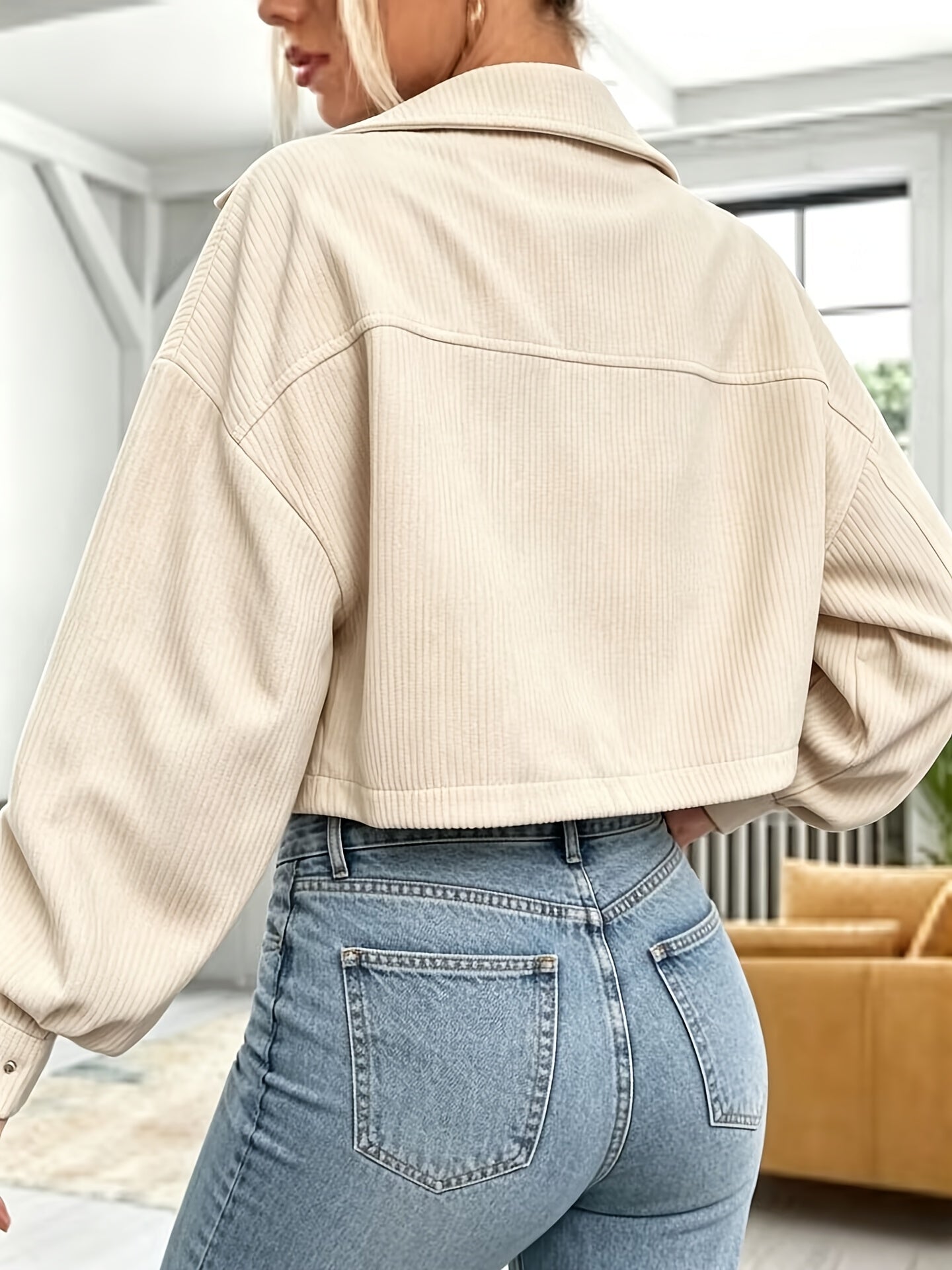Damen Kurzjacke Rippstrick Cropped Jacke mit Knopfleiste & Brusttaschen