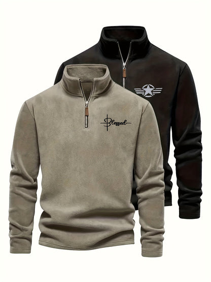 Herenfleece-pullover met opstaande kraag en rits, zwart en kaki
