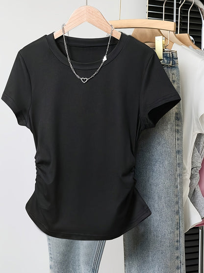 Damen Basic T-Shirt mit Rundhalsausschnitt und Raffung – Alltag & Freizeit