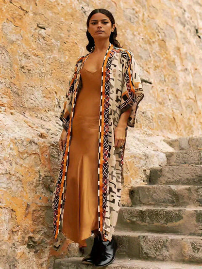 Damen Boho Kimono Lang mit Ethno-Muster – Eleganter Langer Mantel für Strand und Alltag