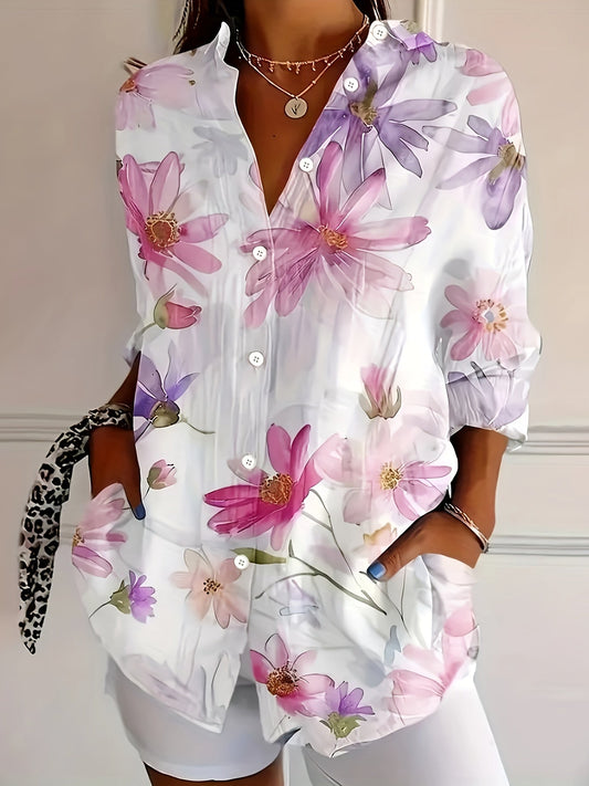 Damebluse med blomsterprint – Elegant langermet skjortebluse for fritid og kontor