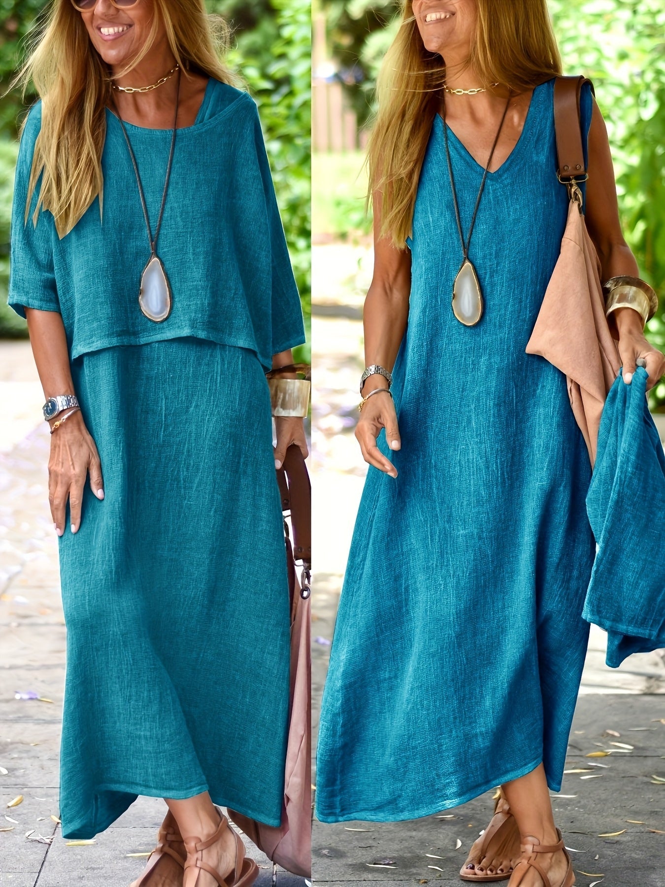 Damen Zweiteiliges Maxikleid Set – Lässiges Sommerkleid mit Überwurf, Eleganter Freizeitstil