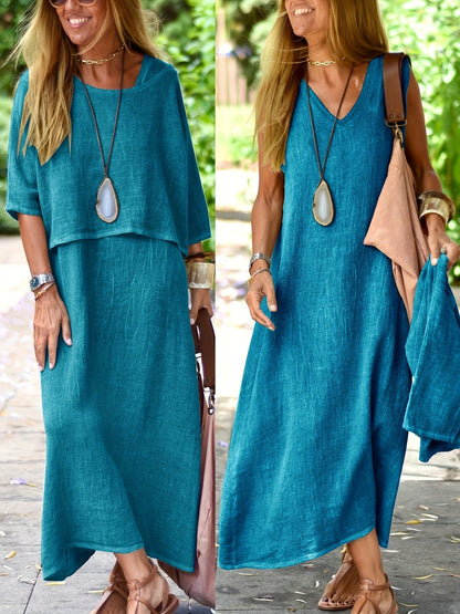 Damen Zweiteiliges Maxikleid Set – Lässiges Sommerkleid mit Überwurf, Eleganter Freizeitstil