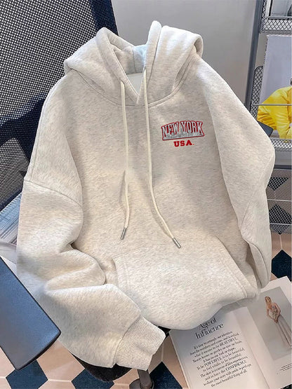 Hoodie mit New York USA Stickerei, Hellgrau, Kapuzenpullover