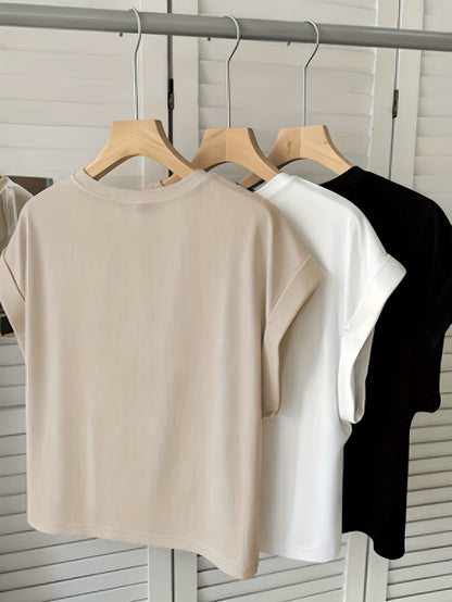 Camiseta básica para mujer con mangas dobladas – Estilo casual para el día a día y el tiempo libre