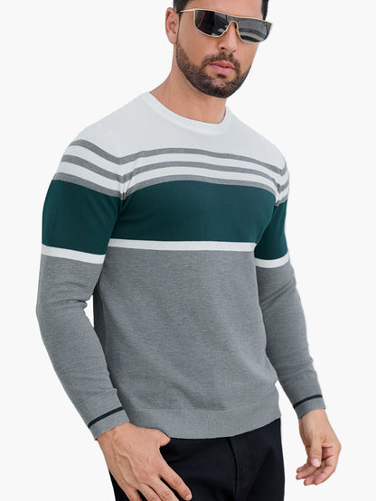 Maglione da uomo con design moderno a righe a blocchi – Girocollo casual per quotidiano e tempo libero