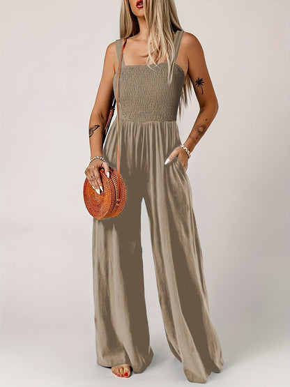 Mono elegante de mujer con parte superior fruncida y pierna ancha – Perfecto para primavera y verano