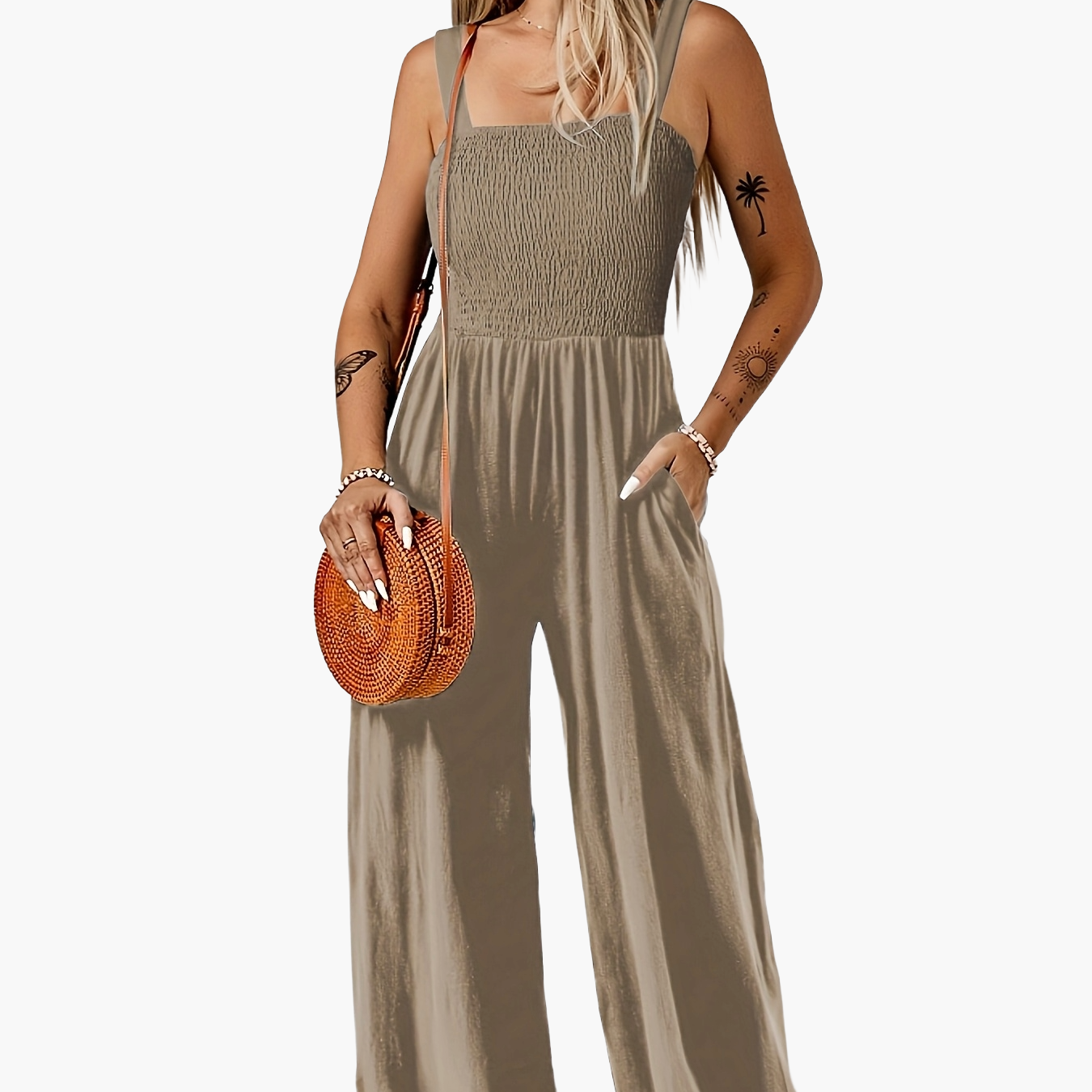 Mono elegante de mujer con parte superior fruncida y pierna ancha – Perfecto para primavera y verano