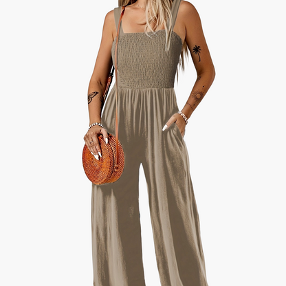 Mono elegante de mujer con parte superior fruncida y pierna ancha – Perfecto para primavera y verano