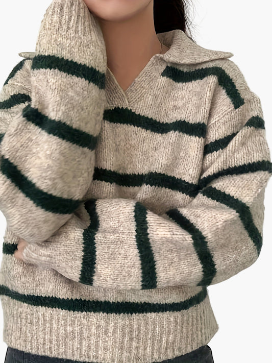 Damtröja stickad med ränder och krage – Elegant fritidslook för höst och vinter