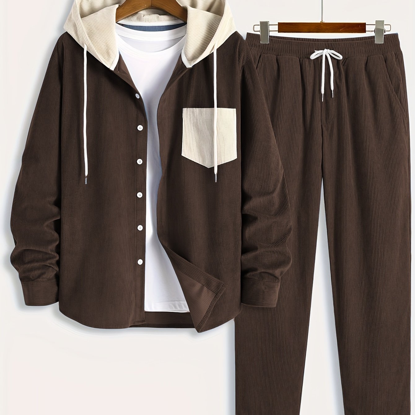 Conjunto de dos piezas para hombre con camisa tipo sudadera con capucha acanalada y pantalón jogger, traje informal