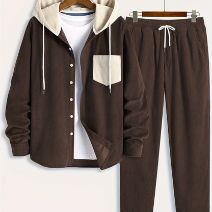 Conjunto de dos piezas para hombre con camisa tipo sudadera con capucha acanalada y pantalón jogger, traje informal