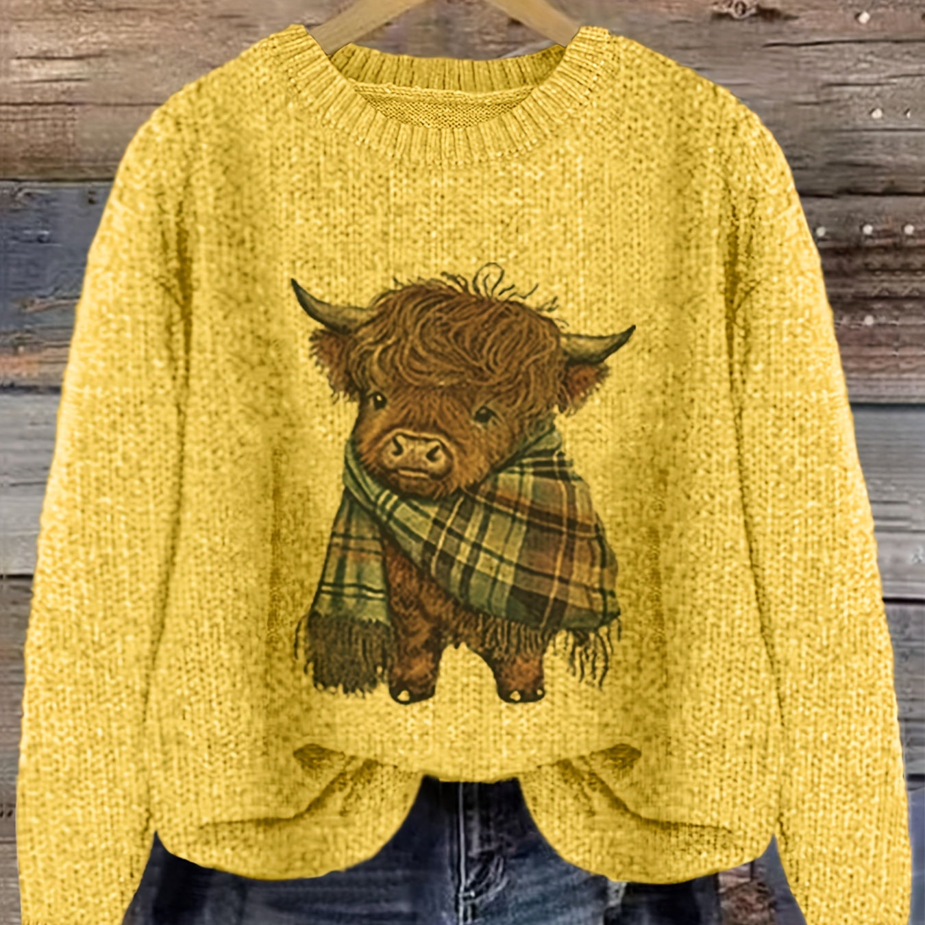 Women's Crew Neck Highland Cow Graphic Pullover Sweater