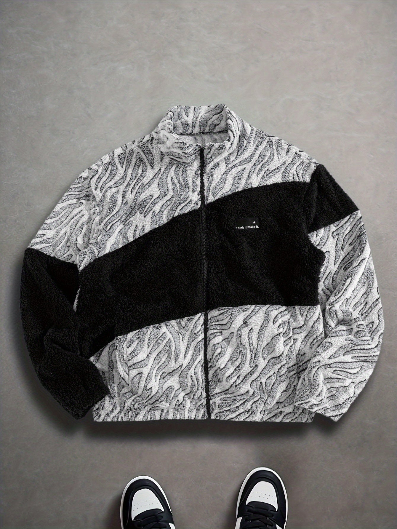 Chaqueta unisex de forro polar de peluche con estampado de cebra y cuello alto