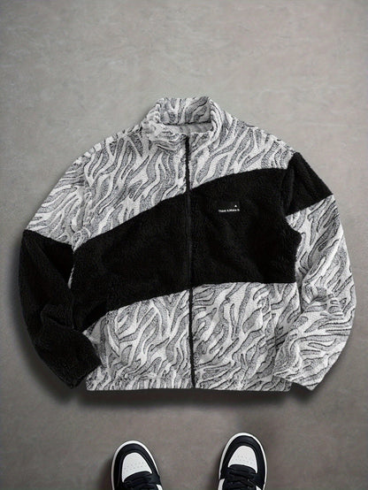 Chaqueta unisex de forro polar de peluche con estampado de cebra y cuello alto