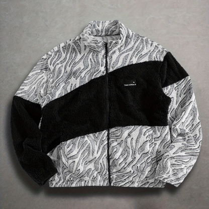 Chaqueta unisex de forro polar de peluche con estampado de cebra y cuello alto