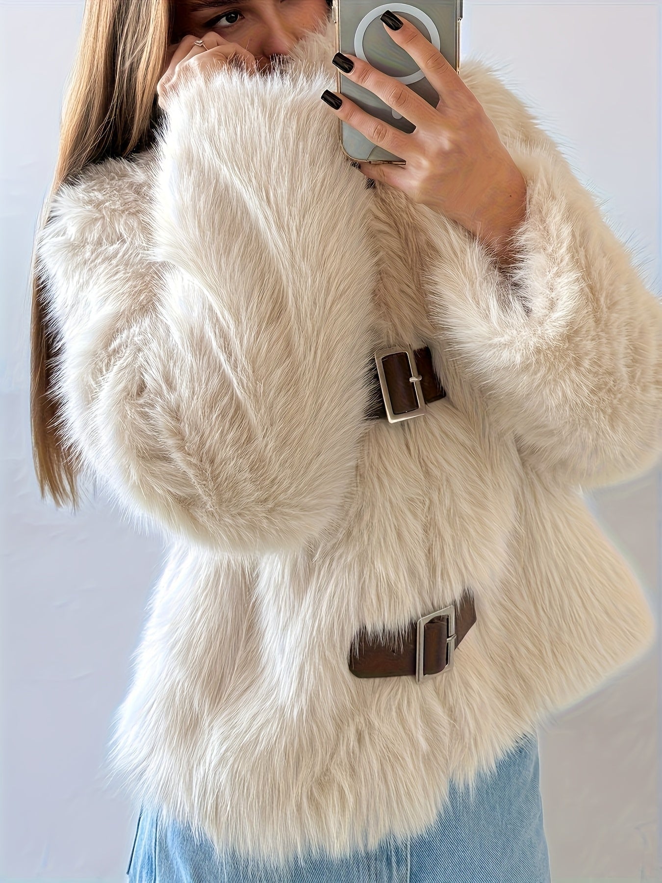 Giacca da donna in pelliccia sintetica beige con fibbie e collo alto