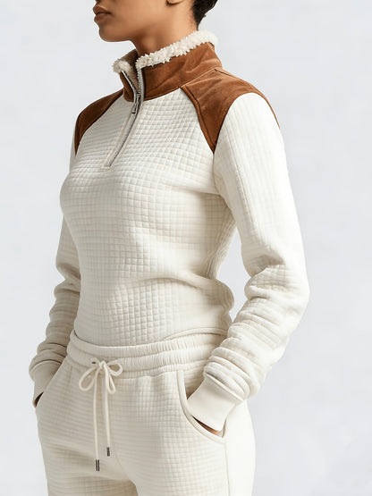 Gestepptes Damen Half-Zip Pullover Creme mit braunen Details